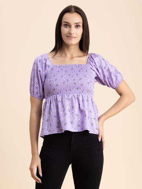 lavender floral print square neck peplum top - 20342326 -  Standard Image - 0