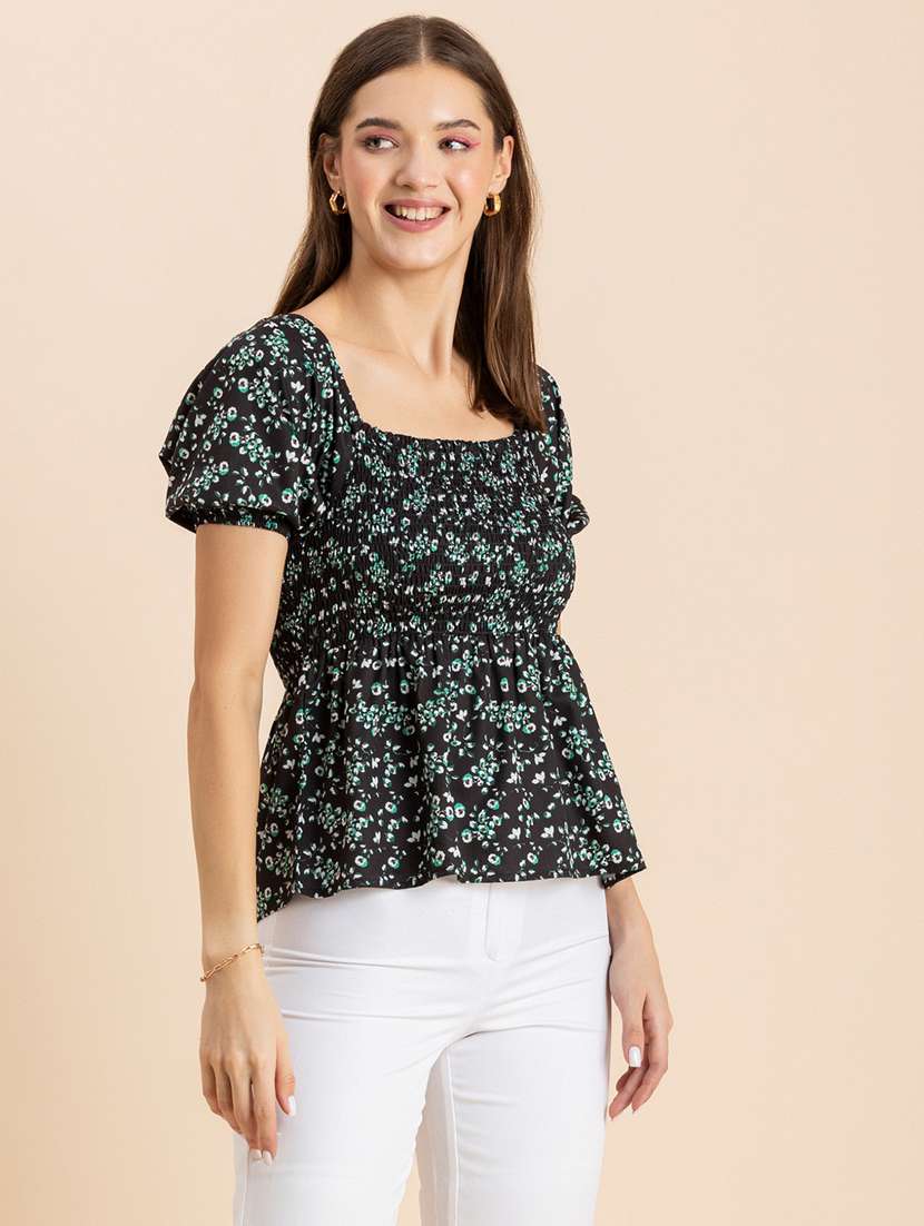 black printed puff sleeves peplum top - 20342327 -  Standard Image - 1