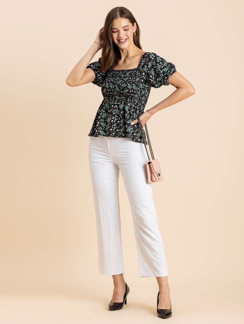 black printed puff sleeves peplum top - 20342327 - Standard Image - 4