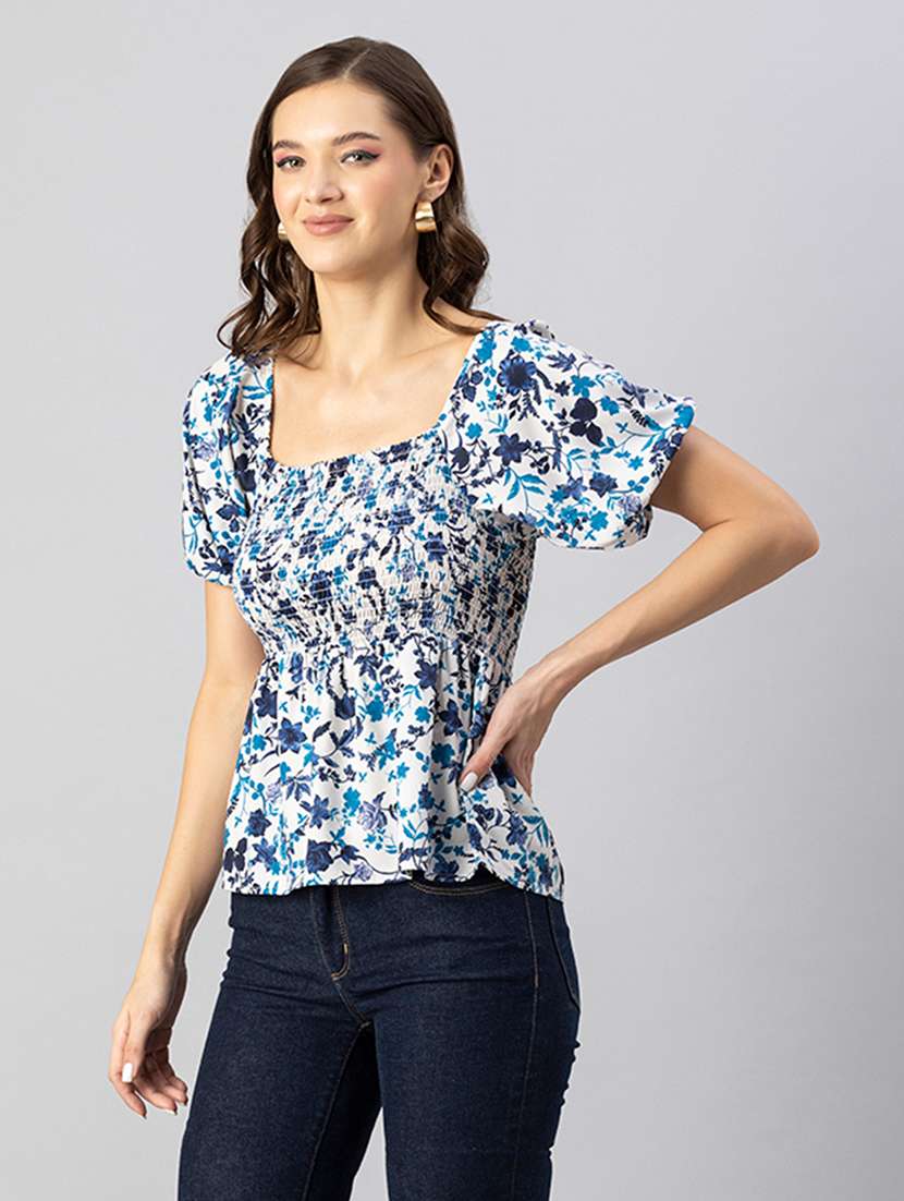 white floral print puff sleeves peplum top - 20342328 -  Standard Image - 1