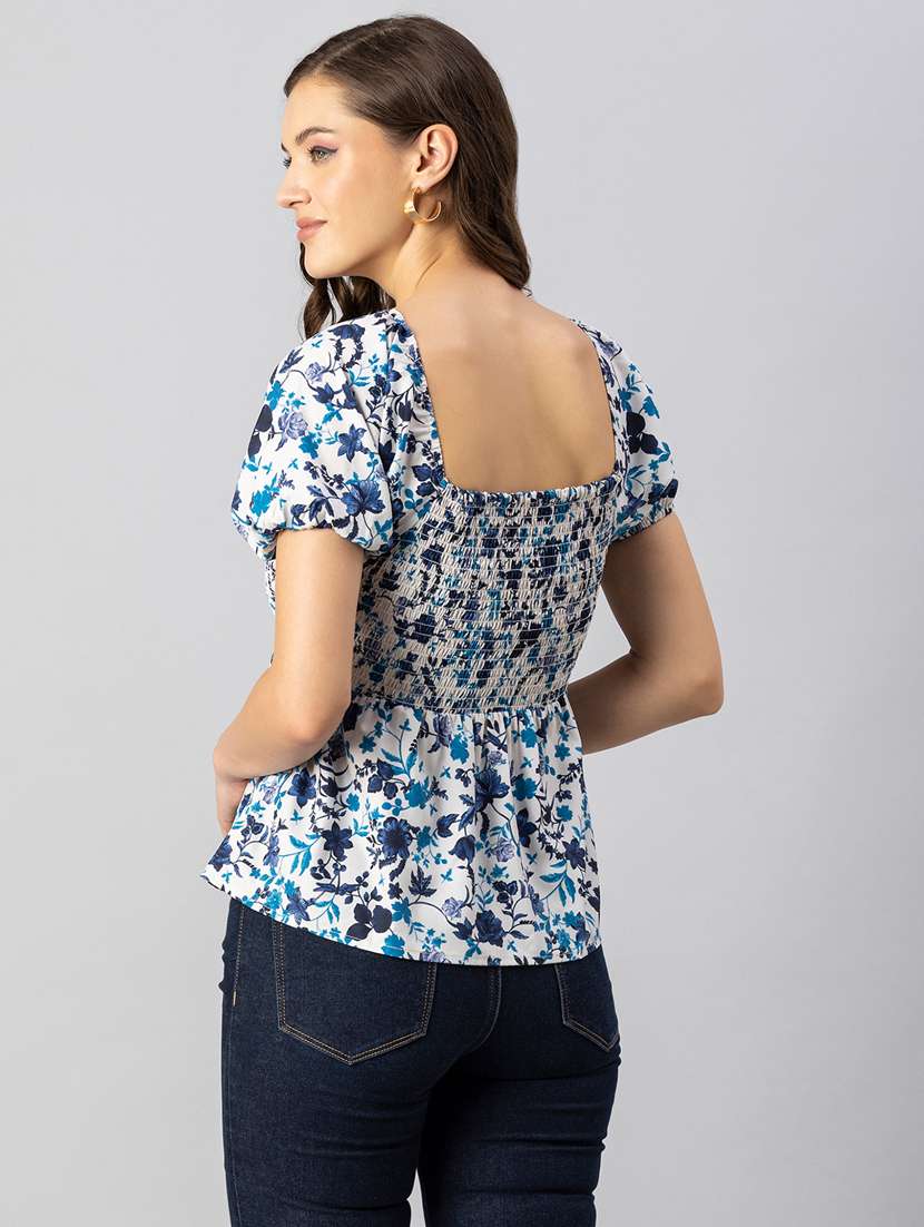 white floral print puff sleeves peplum top - 20342328 -  Standard Image - 4