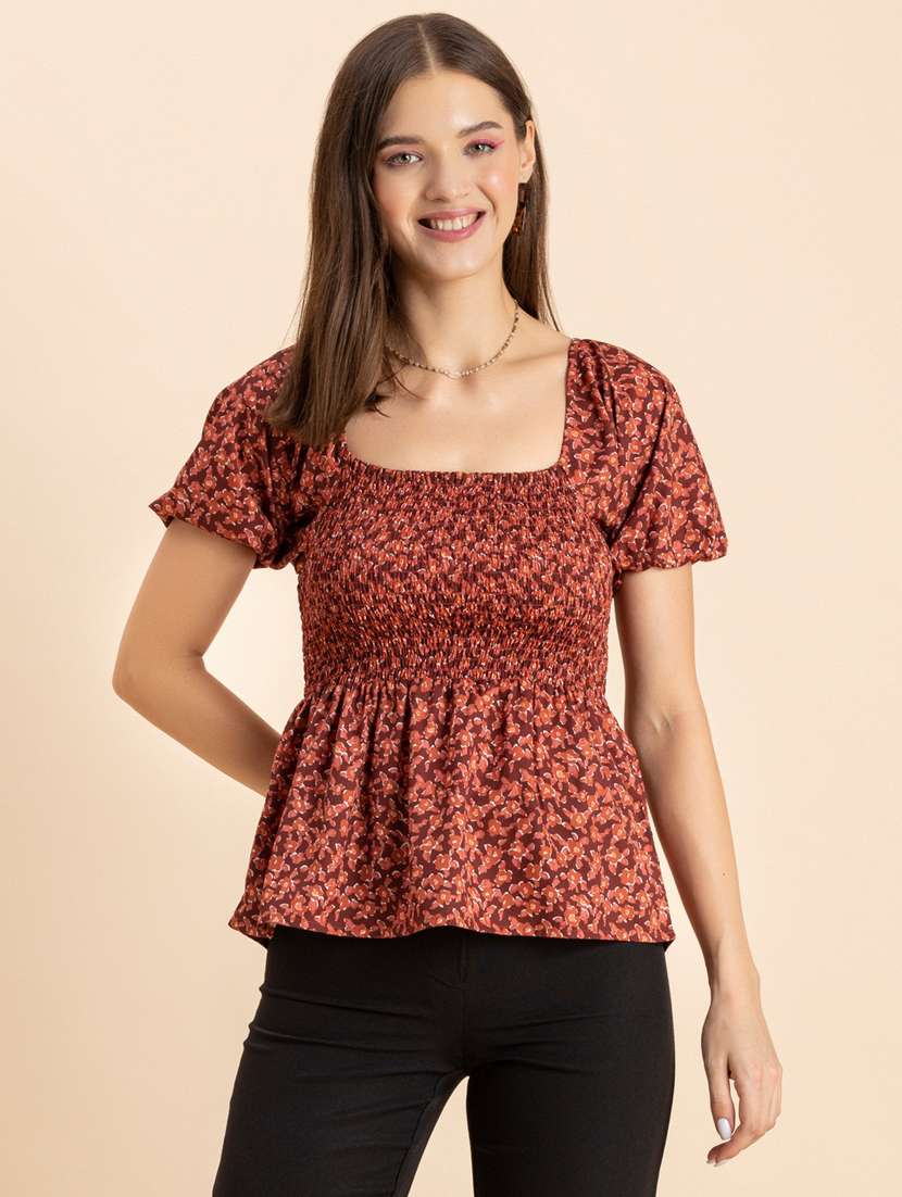 brown printed puff sleeves peplum top