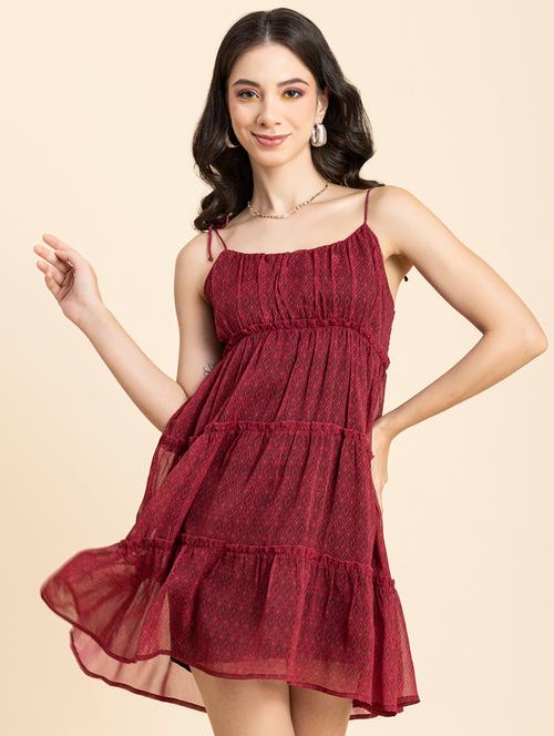 burgundy printed tiered dress - 20342362 - Standard Image - 0