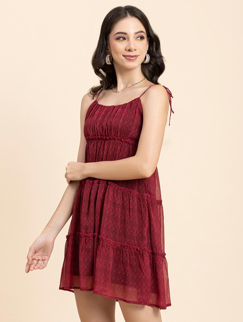 burgundy printed tiered dress - 20342362 - Standard Image - 1