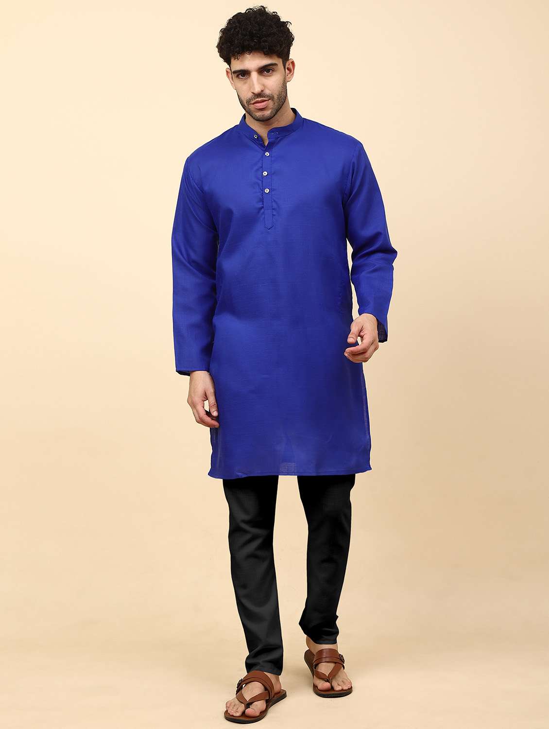 men blue solids kurta pyjama sets
