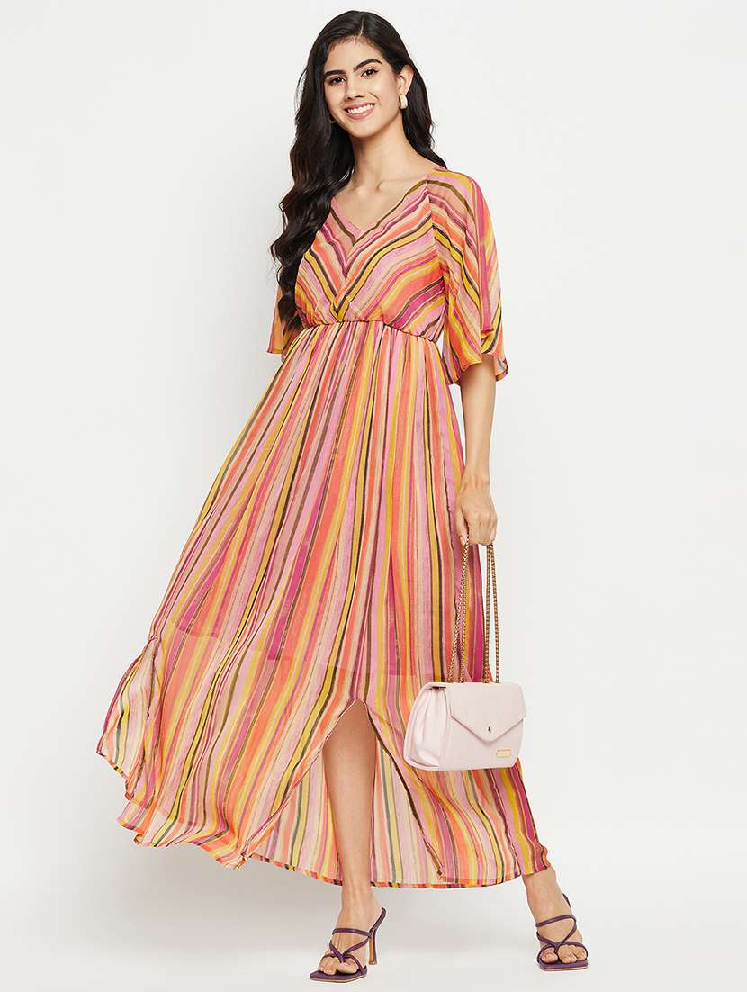 multi colored striped v neck a-line dress