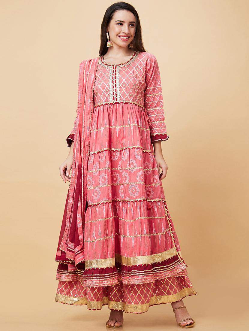globus women pink gotta patti & allover printed pleated tiered anarkali kurta with sharara & dupatta - 20343214 -  Standard Image - 1