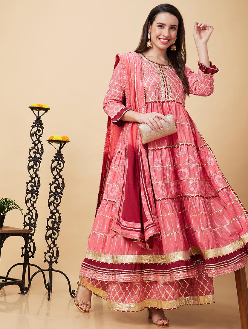 globus women pink gotta patti & allover printed pleated tiered anarkali kurta with sharara & dupatta - 20343214 - Standard Image - 4
