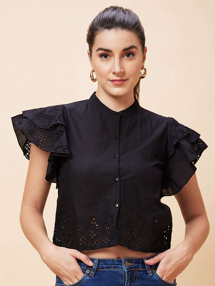 women black cotton shirt style top