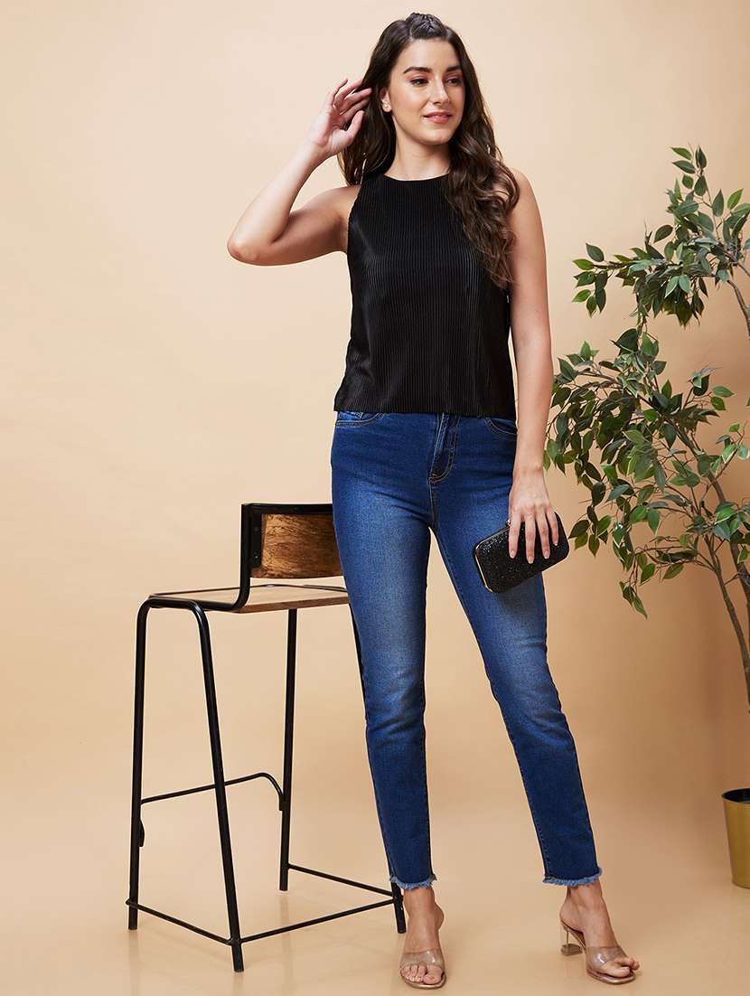 Globus Women Black Solid Round Neck Sleeveless Pleated Party Top - 20343259 -  Standard Image - 4