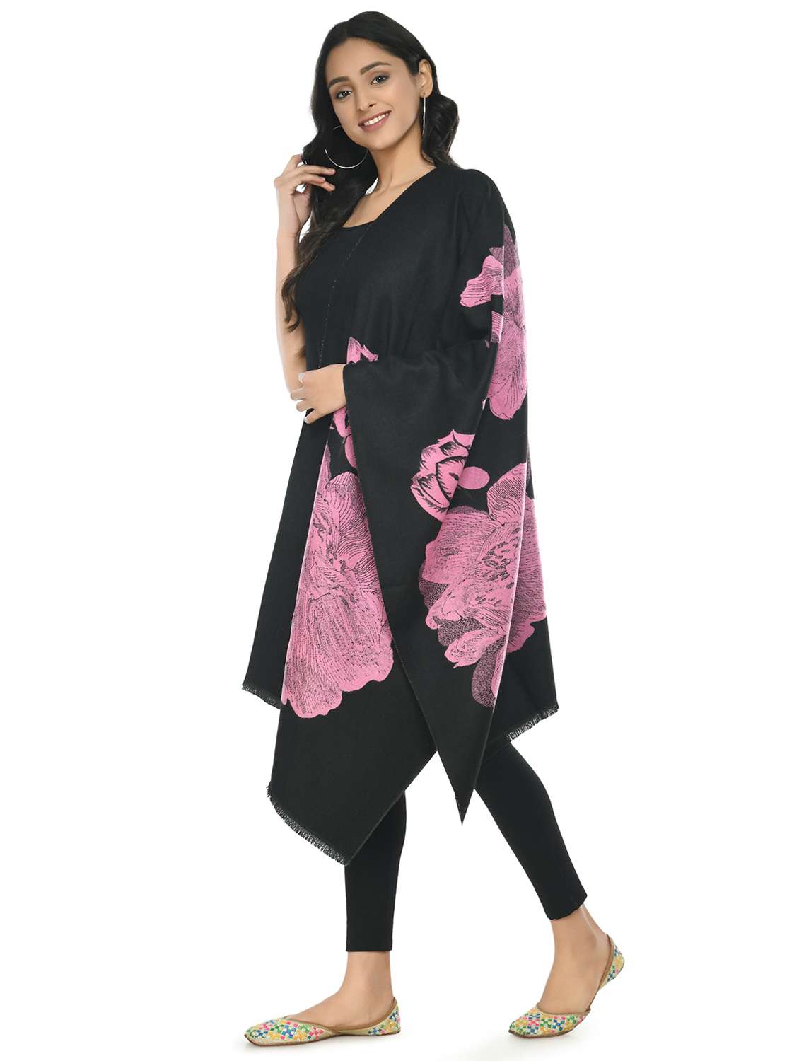 women floral print black wool pashmina shawl - 20343826 - Standard Image - 1
