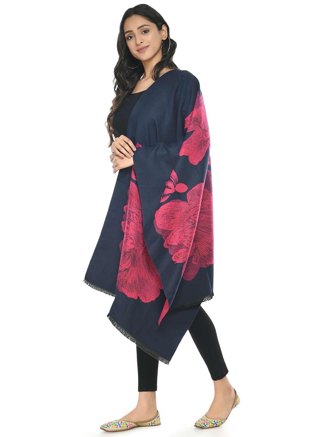women navy blue floral printed wool pashmina shawl - 20343827 -  Standard Image - 1