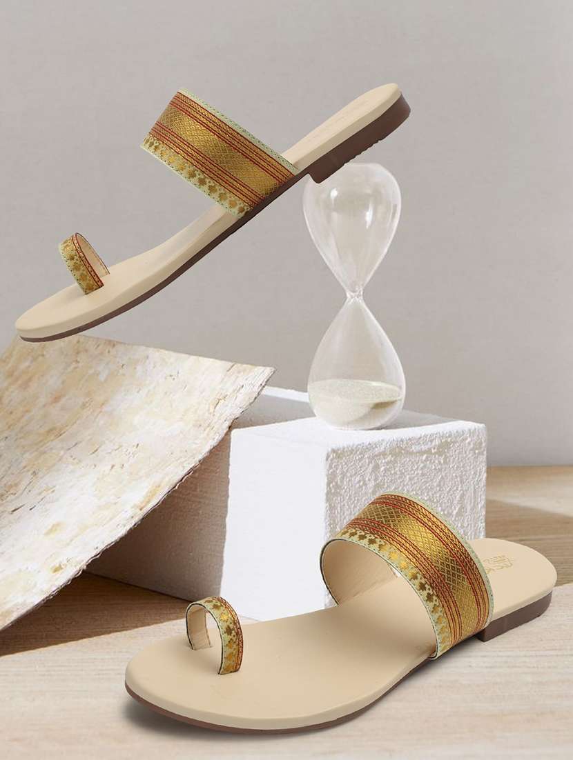 women beige with golden strap one toe sandal