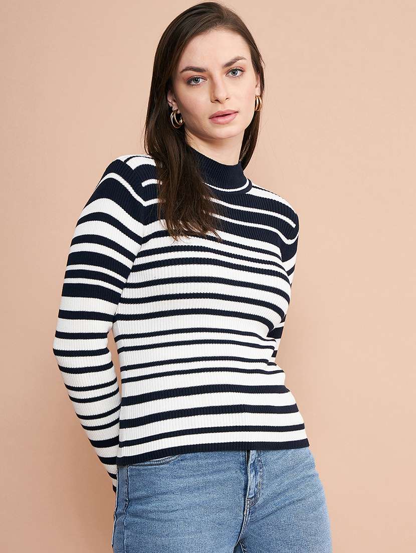 women striped high neck pullover