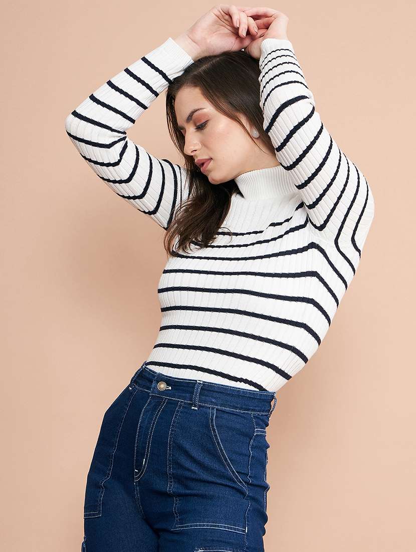 women striped turtle neck pullover - 20345199 - Standard Image - 1
