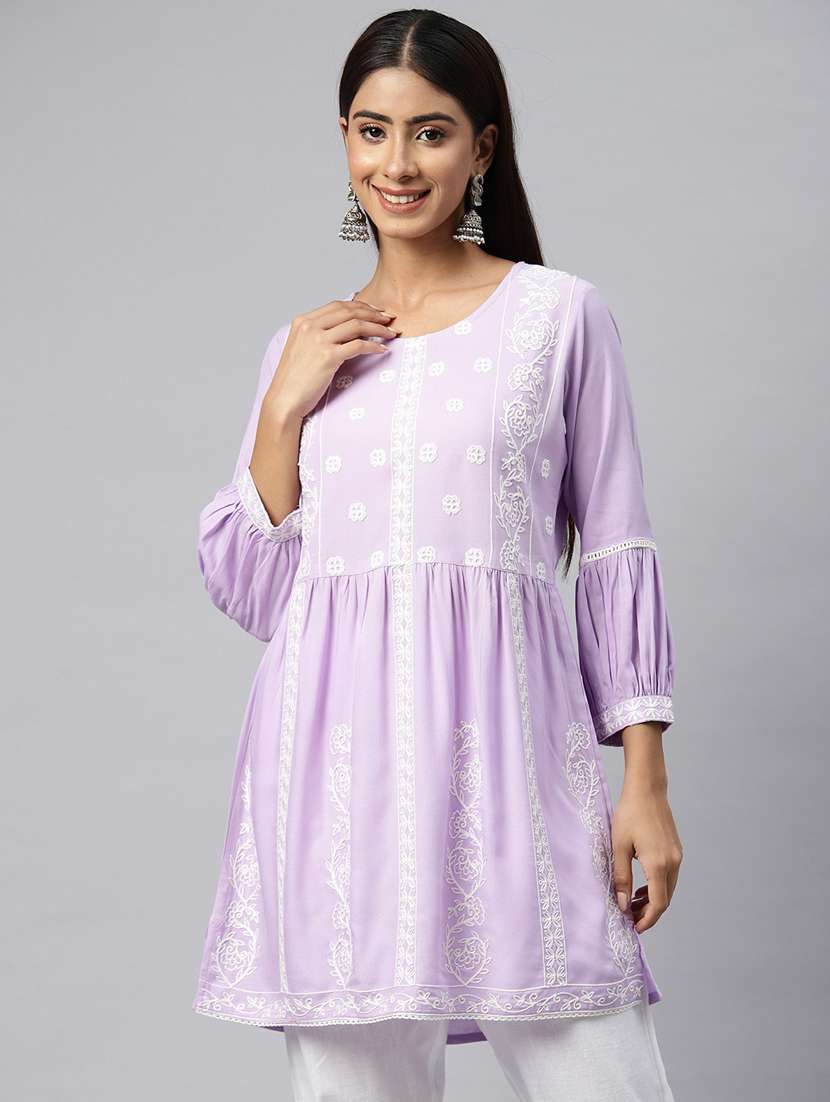 women lavender round neck a-line kurti