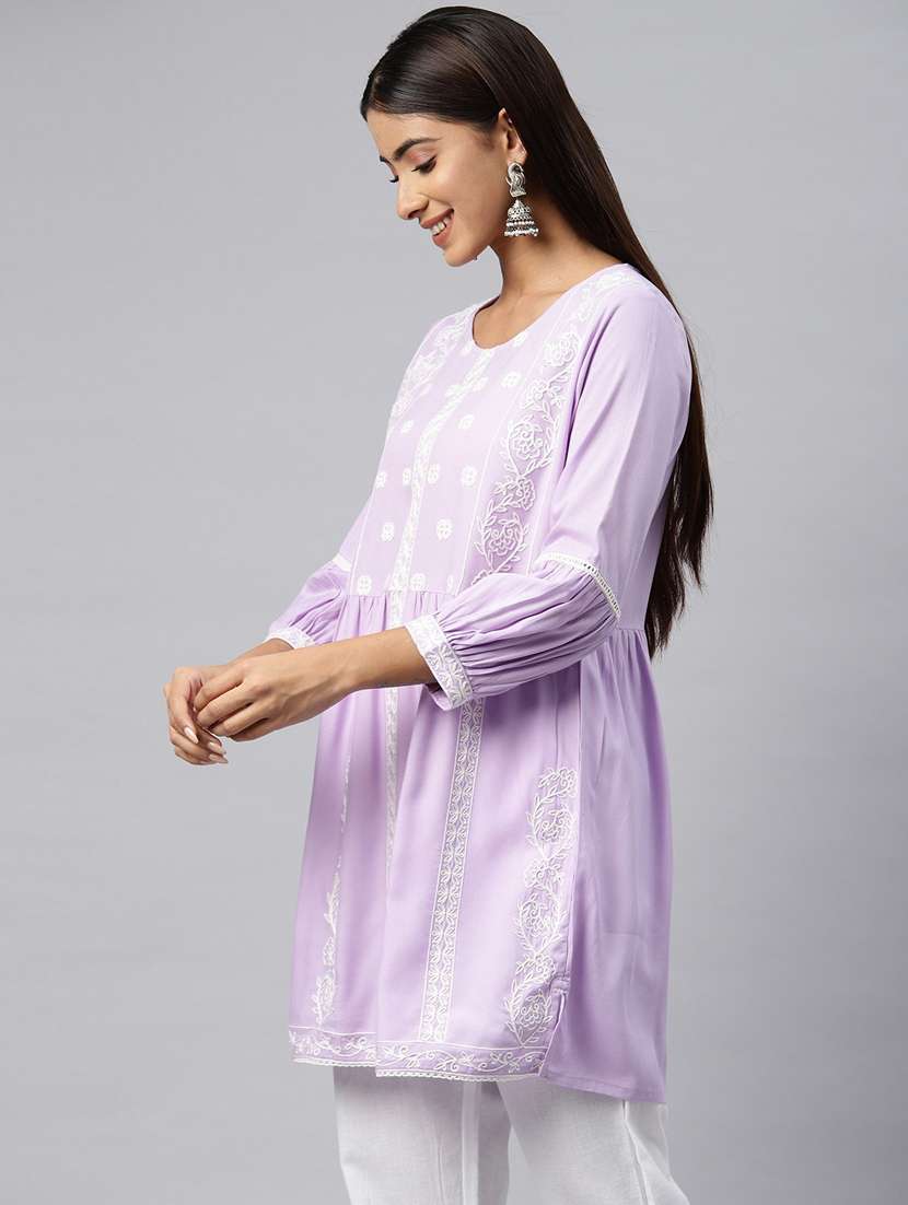 women lavender round neck a-line kurti - 20345235 -  Standard Image - 1