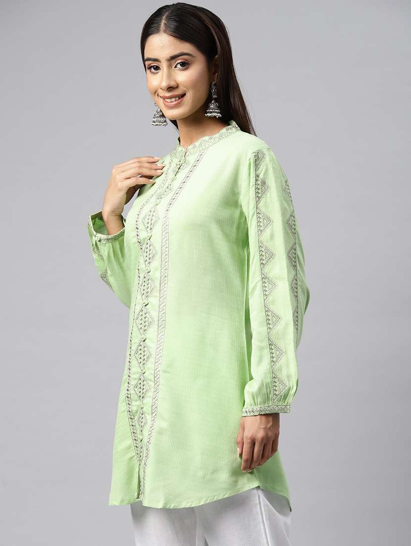 women green mandarin neck a-line kurti - 20345236 -  Standard Image - 1