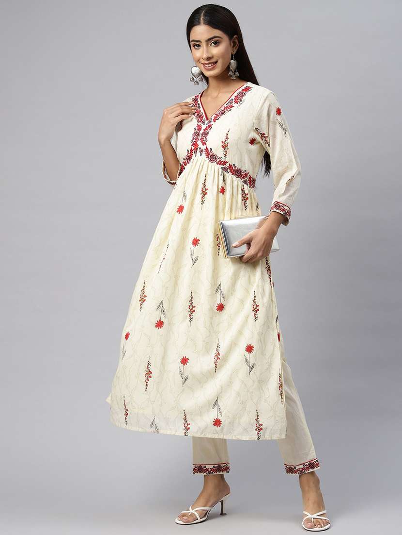 women cream floral v kurta pant set - 20345247 - Standard Image - 1