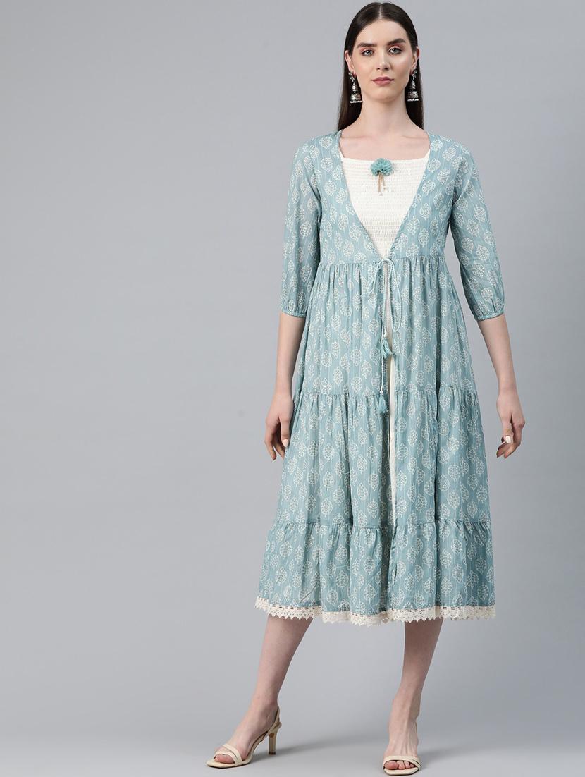 light blue & white layered ethnic dress - 20345312 - Standard Image - 1