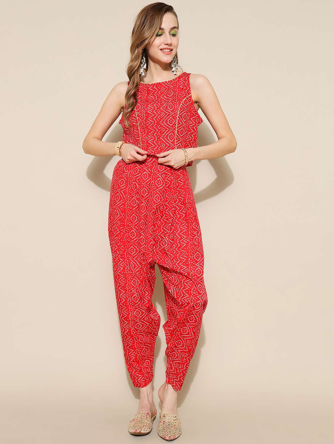 women red bandhani print co-ord sets
