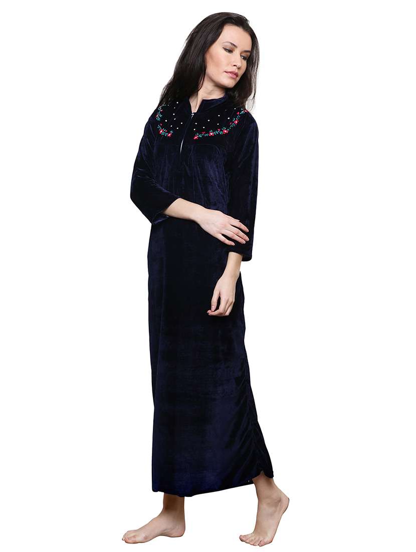 navy blue embroidered nighty - 20345373 - Standard Image - 1