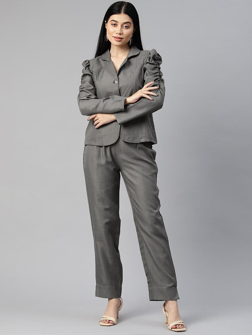 grey solid blazer and trousers co-ord