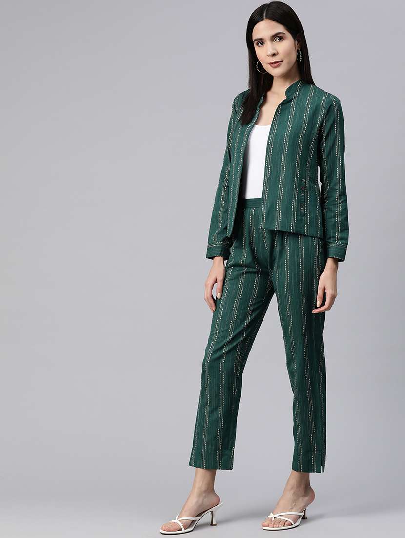 bottle green self design blazer and trousers co-ord - 20346198 -  Standard Image - 1