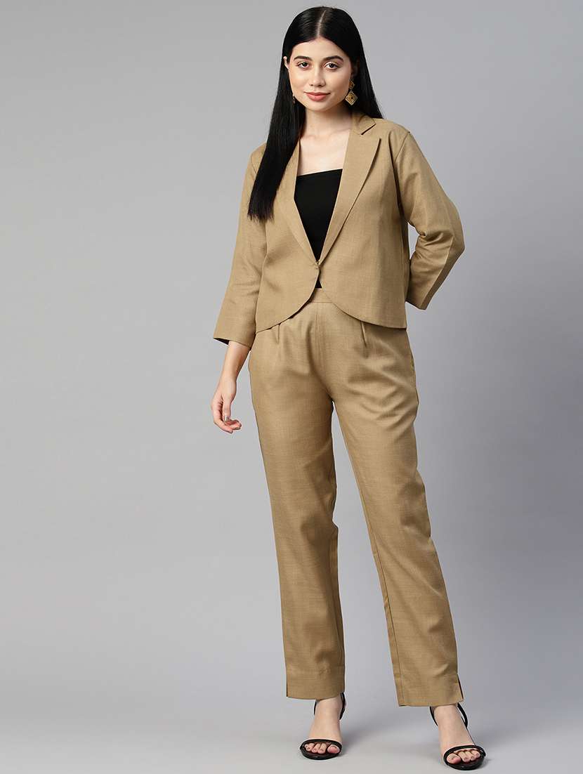 khaki solid blazer and trouser co-ord