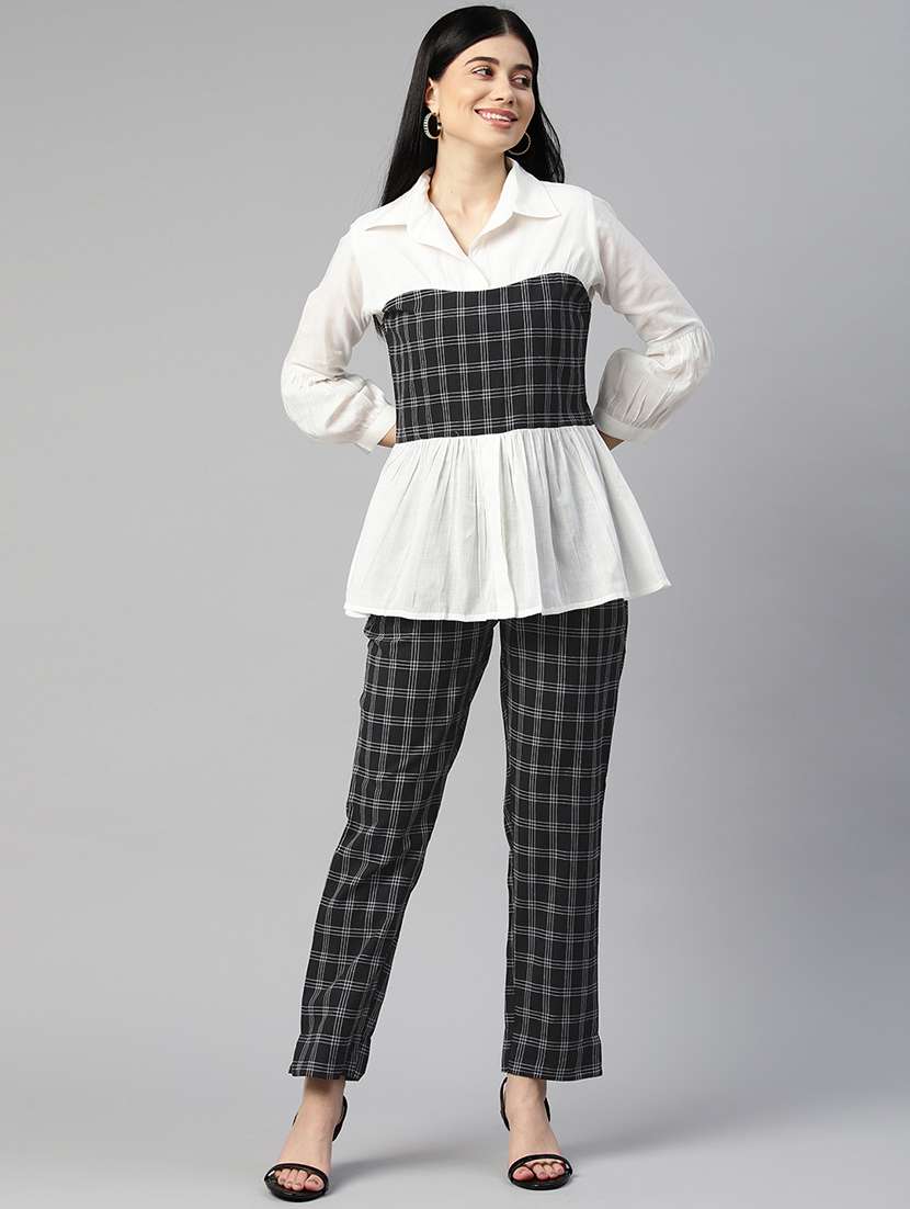 multi color check print top and trouser co-ord