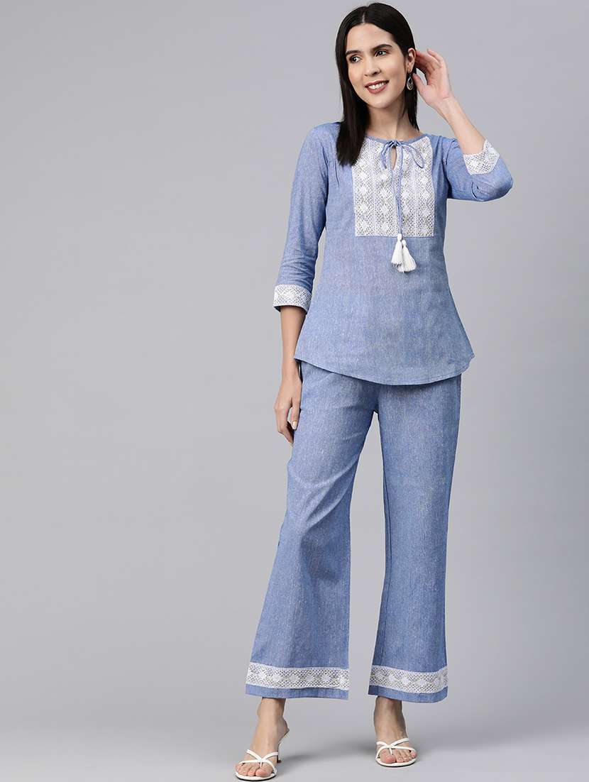 blue solid top and trouser co-ord