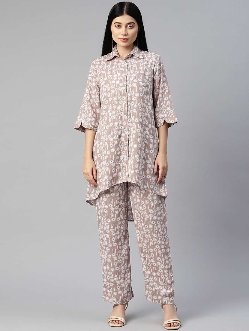 taupe floral top and trouser co-ord