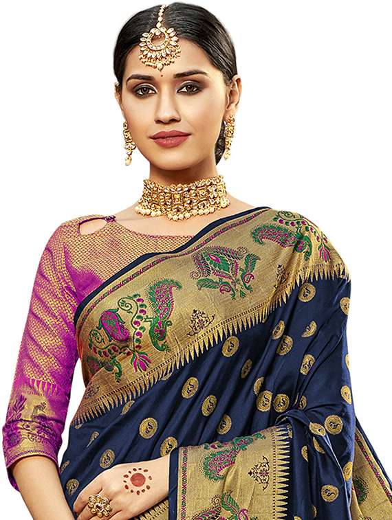 navy blue colored banarasi  saree with blouse - 20347057 -  Standard Image - 1