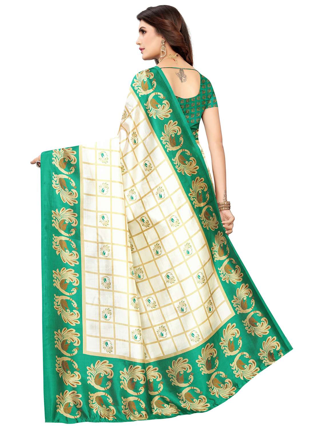women's checks green colored saree - 20347263 -  Standard Image - 1