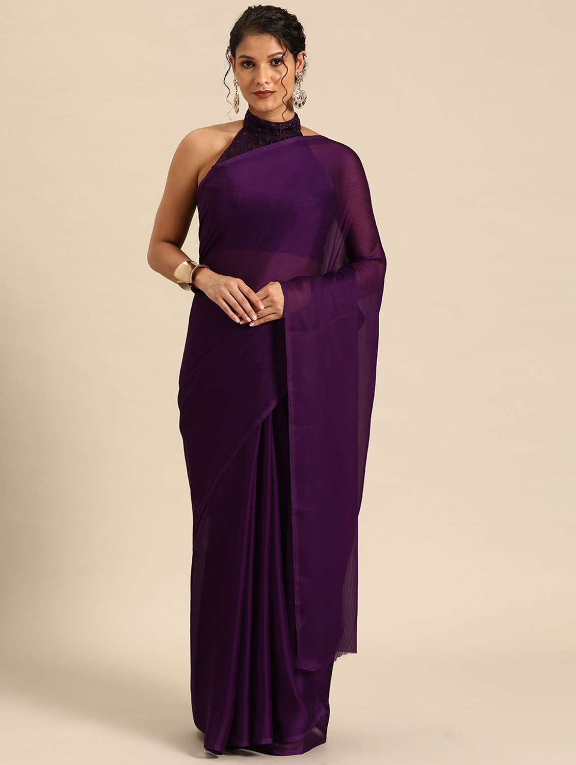 women's solid purple colored saree with blouse