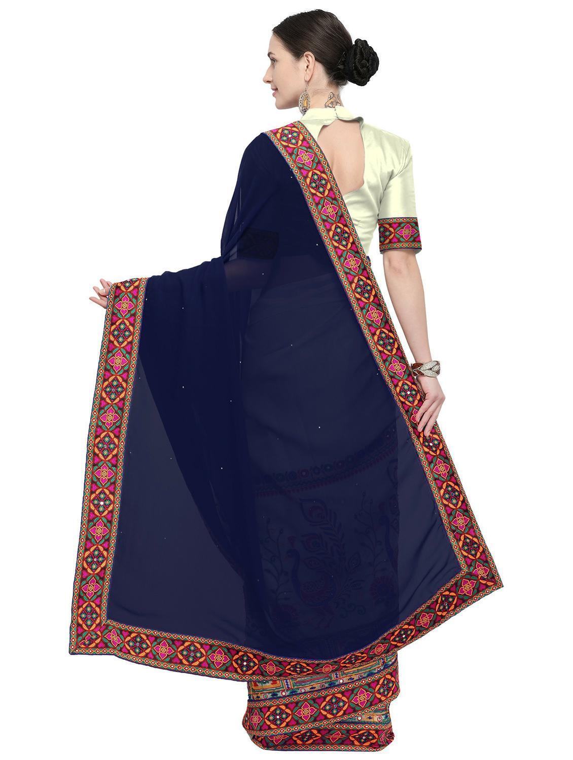 women's solid with work navy blue colored saree - 20348546 - Standard Image - 1