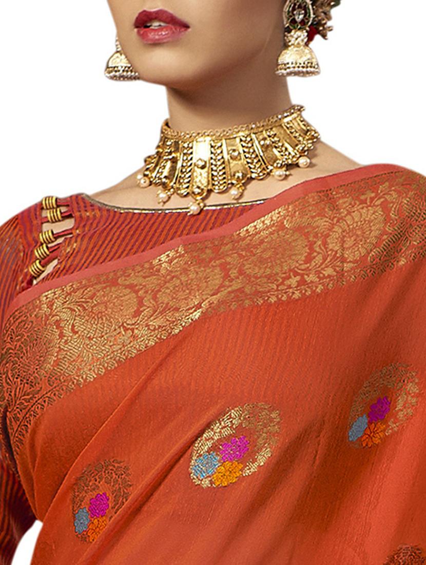 orange self design banarasi saree with blouse - 20349220 - Standard Image - 1