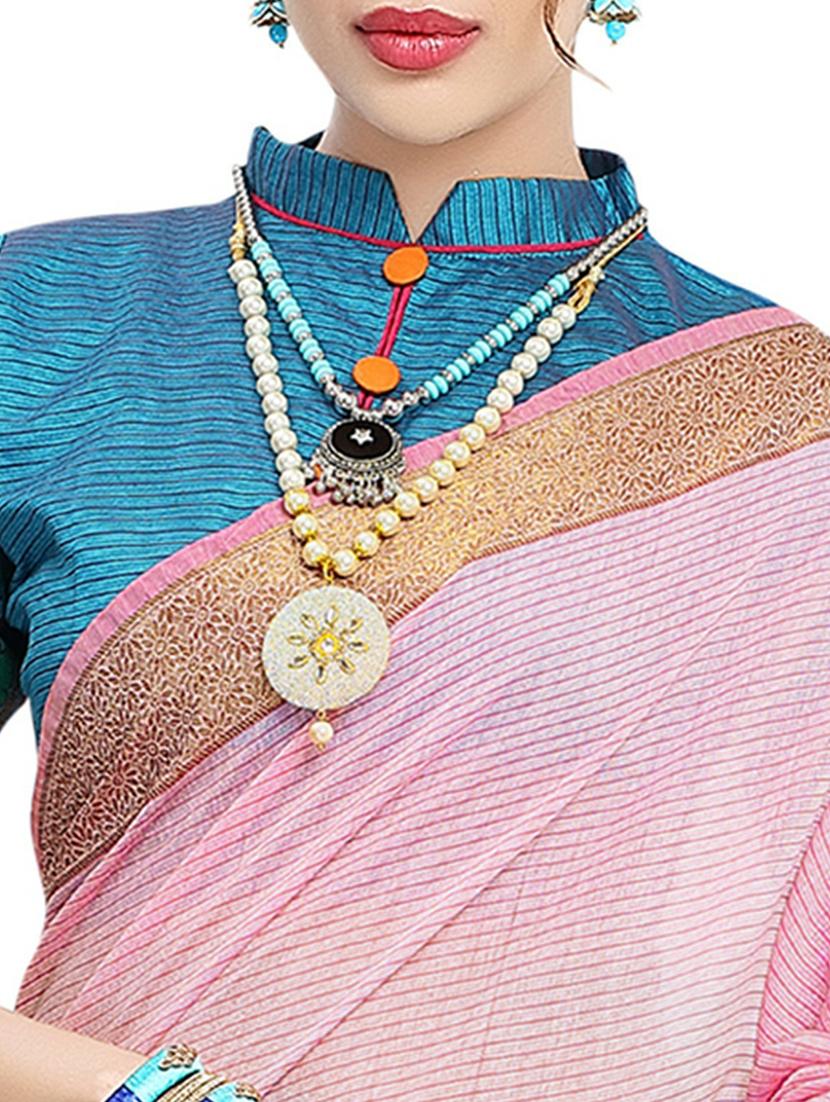 pink self design bordered saree with blouse - 20349250 -  Standard Image - 1