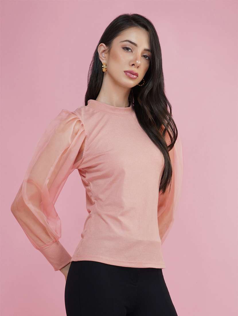 pink solid puff sleeves regular top - 20349348 -  Standard Image - 1