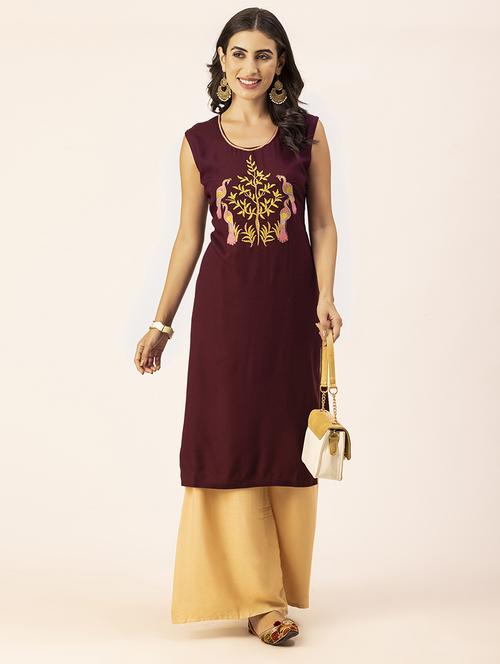 women burgundy round neck straight kurta - 20350199 - Standard Image - 0