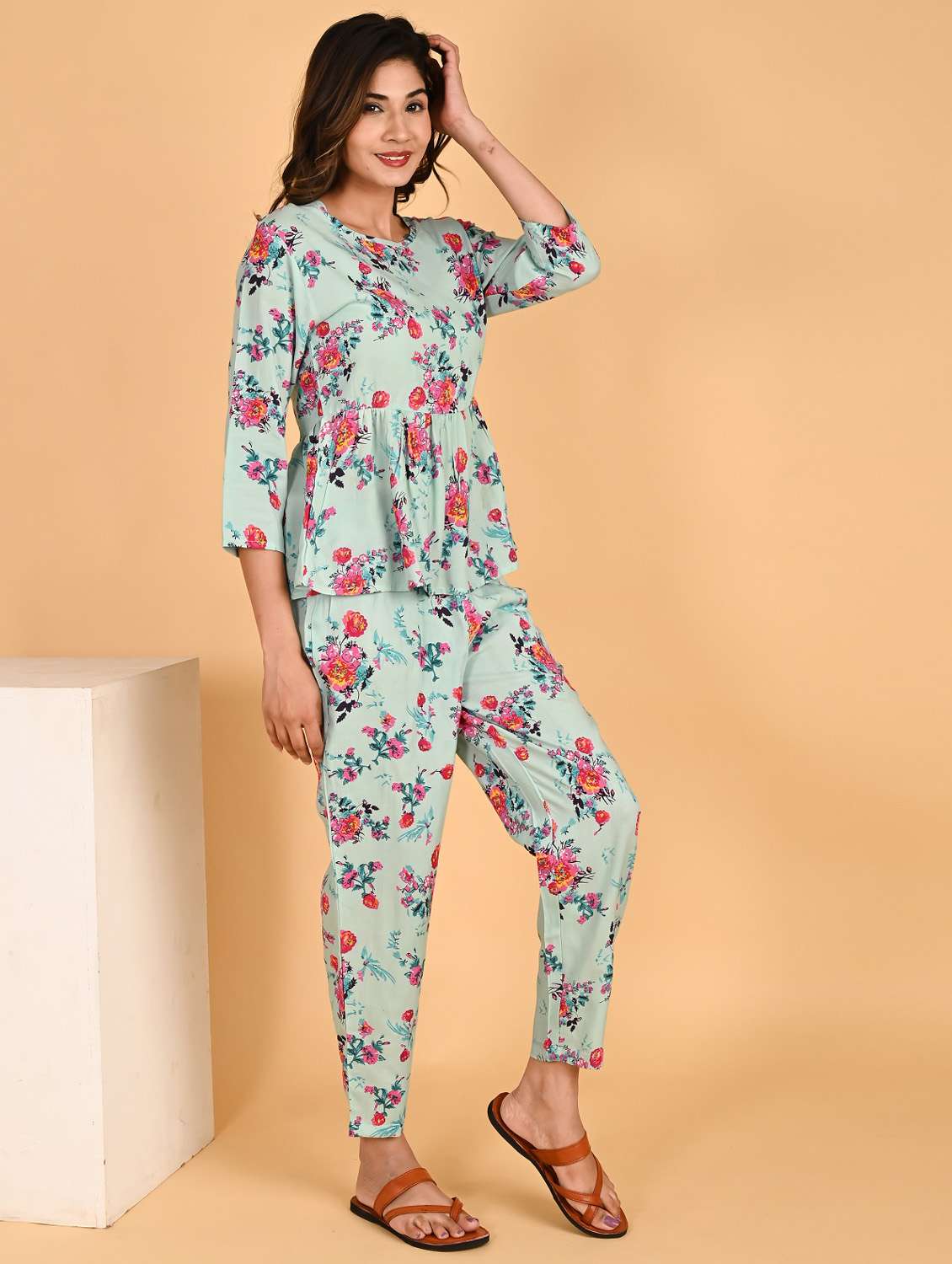 women round neck floral printed top and trouser co-ord set - 20350233 -  Standard Image - 1