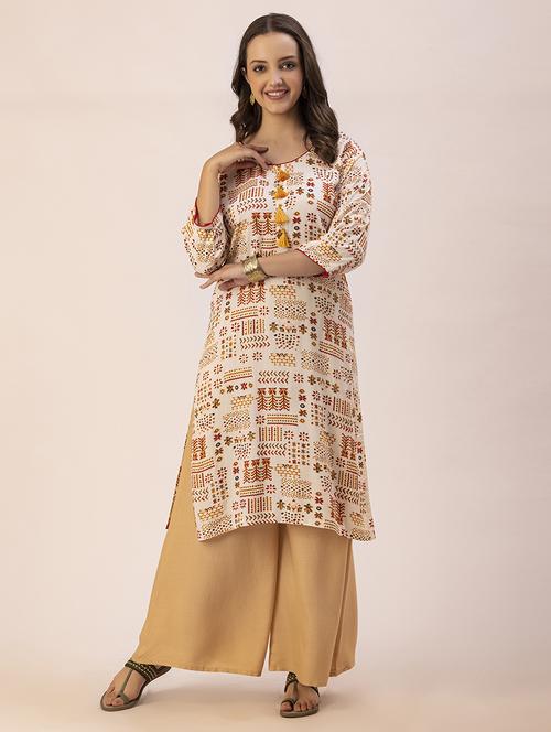 women off-white round neck straight kurta - 20350236 -  Standard Image - 0