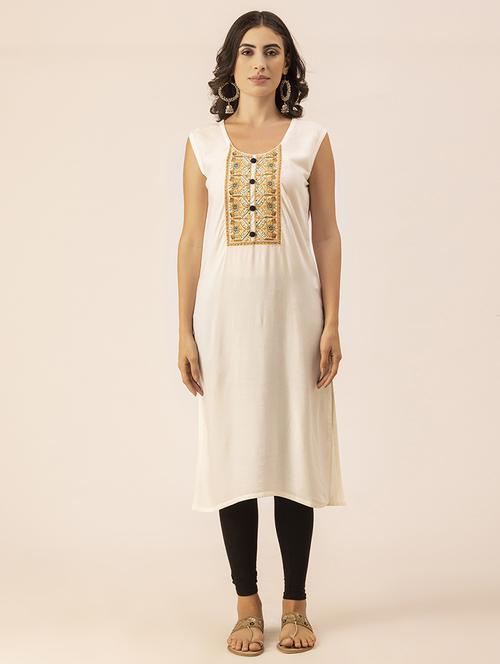 women off-white round neck straight kurta - 20350239 -  Standard Image - 0