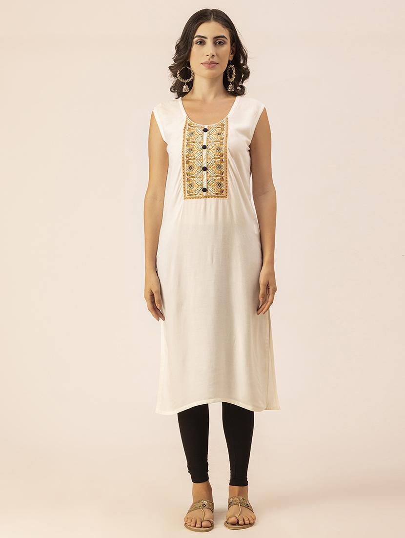 women off-white round neck straight kurta - 20350239 -  Zoom Image - 0