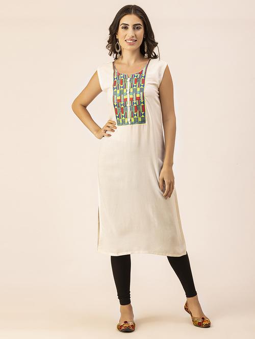 women off-white notch neck straight kurta - 20350242 -  Standard Image - 0