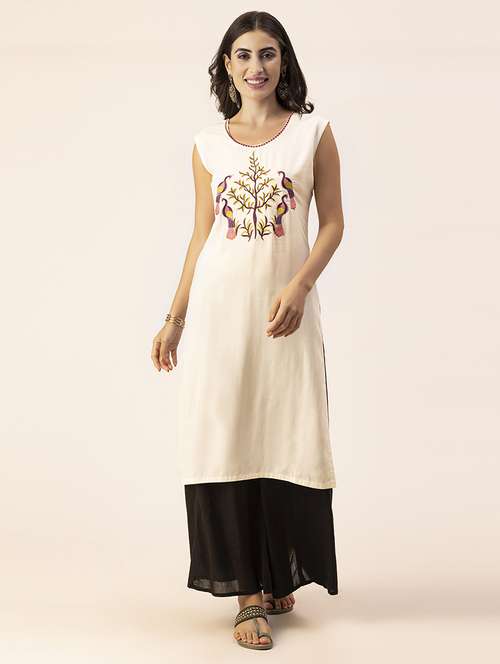 women off-white round neck straight kurta - 20350244 - Standard Image - 0