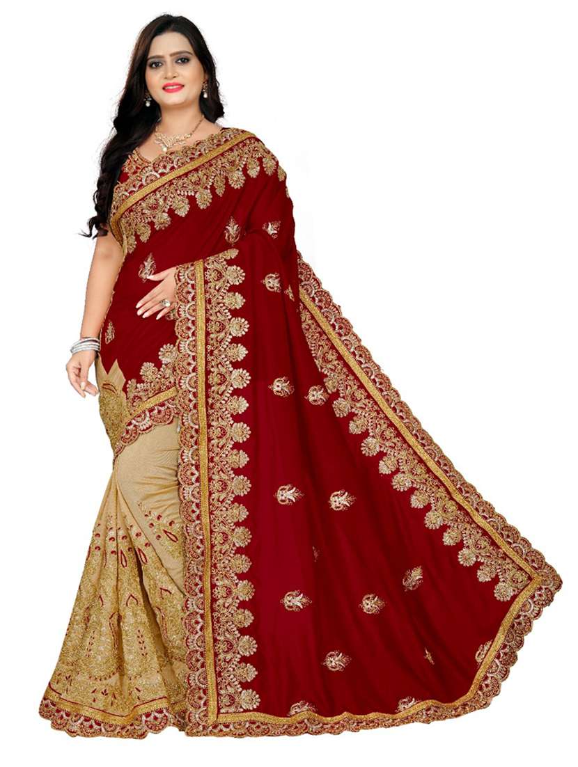 women's solid with work red colored saree with blouse