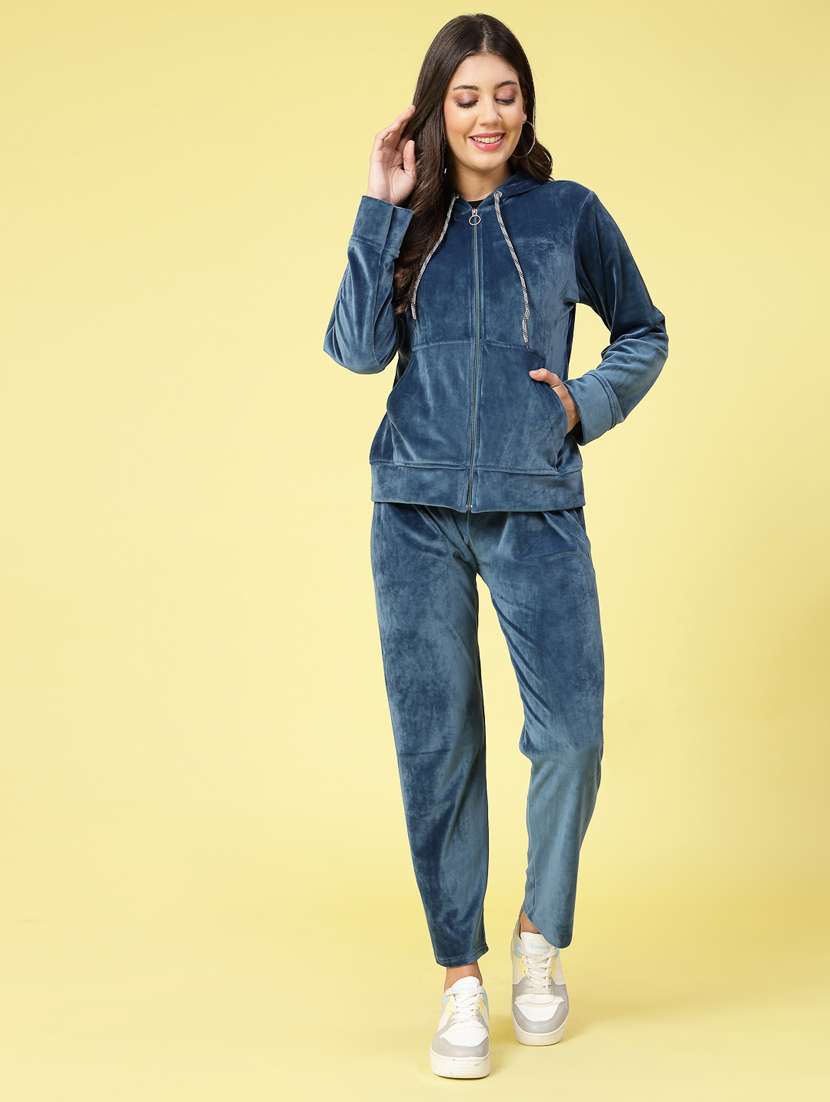 women navy blue velvet top and trouser co-ord set