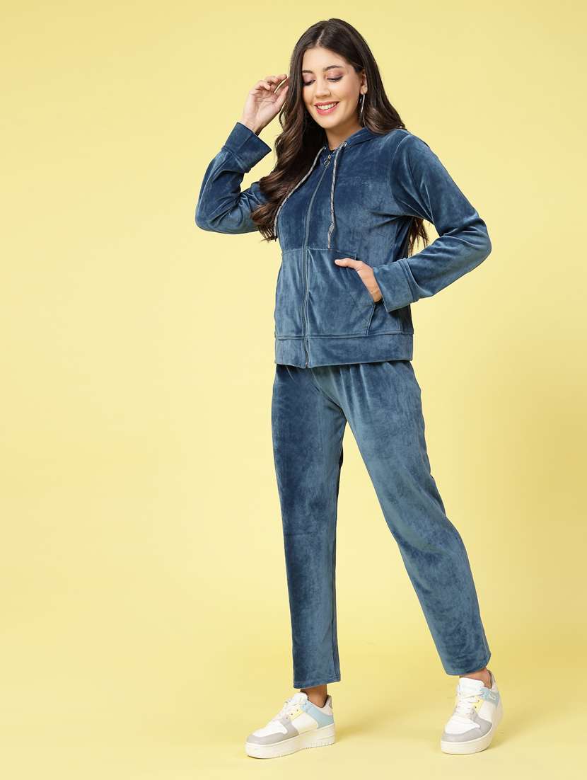 women navy blue velvet top and trouser co-ord set - 20351713 -  Standard Image - 1