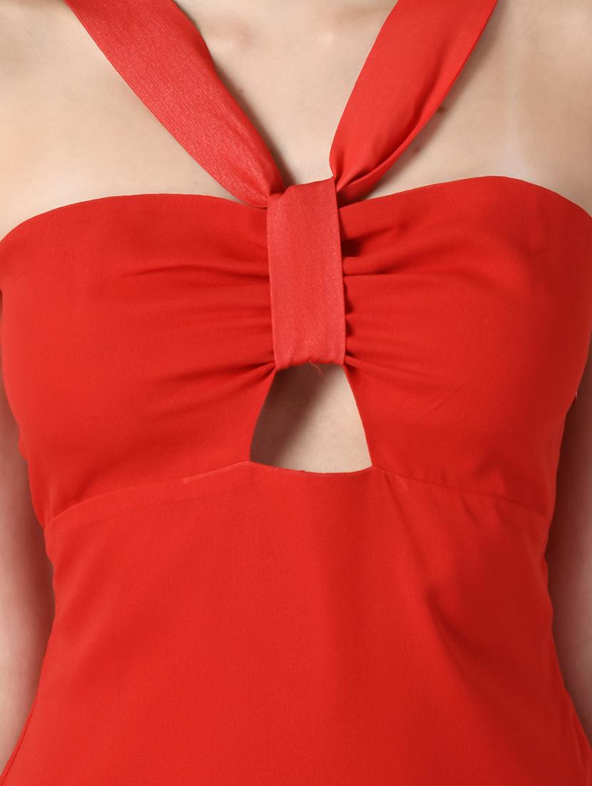 red solid halter neck a-line dress - 20351729 - Standard Image - 4